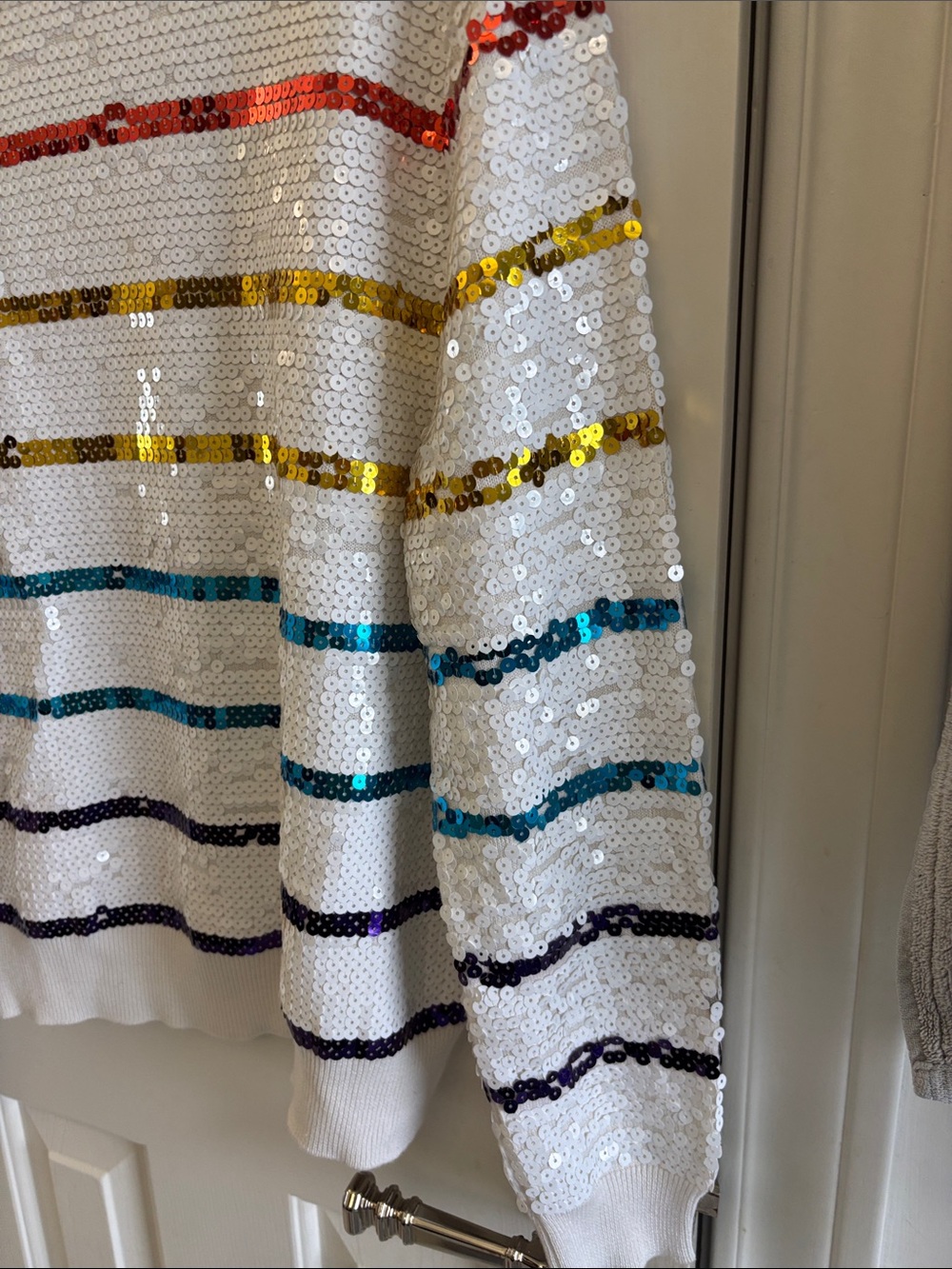 Queen of Sparkles Sequin Tiger Stripe Sweater in White with Rainbow Stripes - Picture 8 of 12